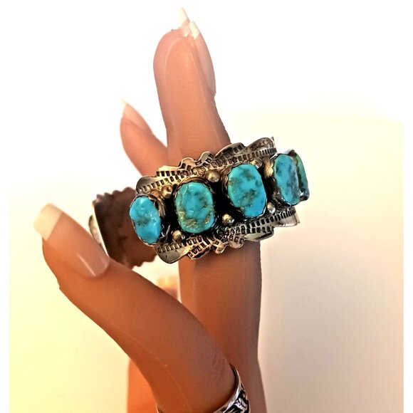 Vntg Signed Zuni 9pc Turquoise Watch Cuff Sterling 59g  (1585) - Picture 9 of 16